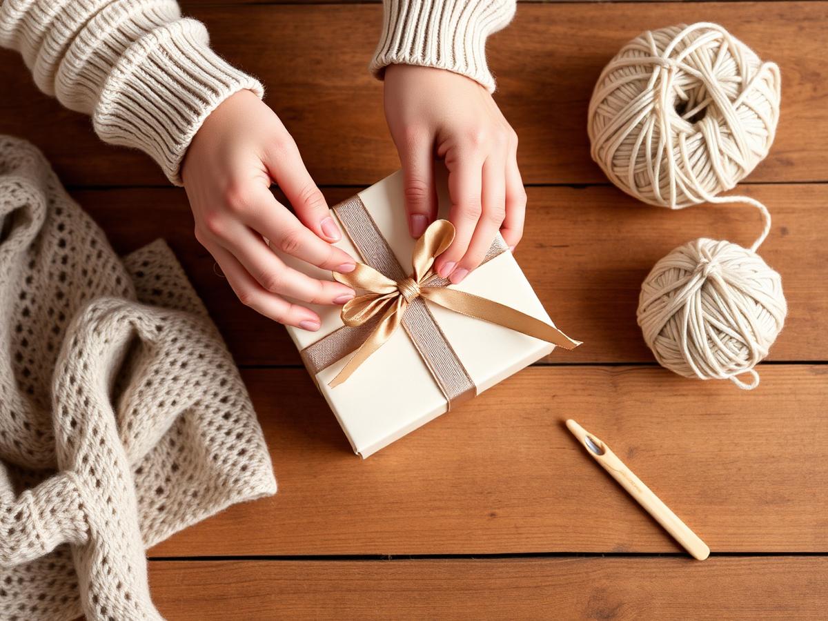 Hands wrapping an Ever Wish gift box beside balls of yarn
